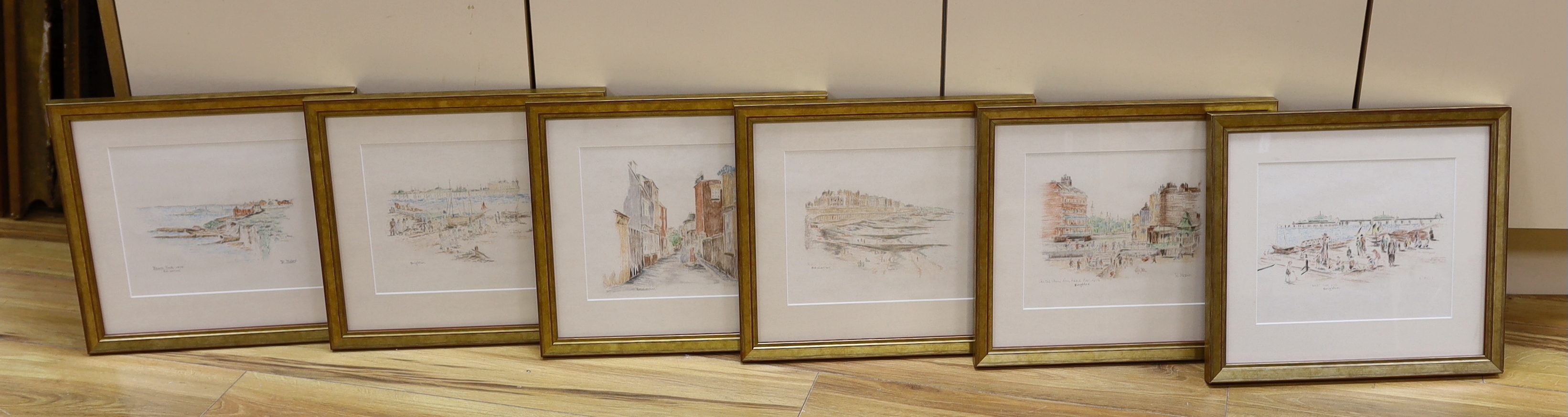 R. Maher (20th. C), set of six crayon and pencil sketches, Brighton views including West Pier and Black Rock, some signed and inscribed, each 24 x 19cm